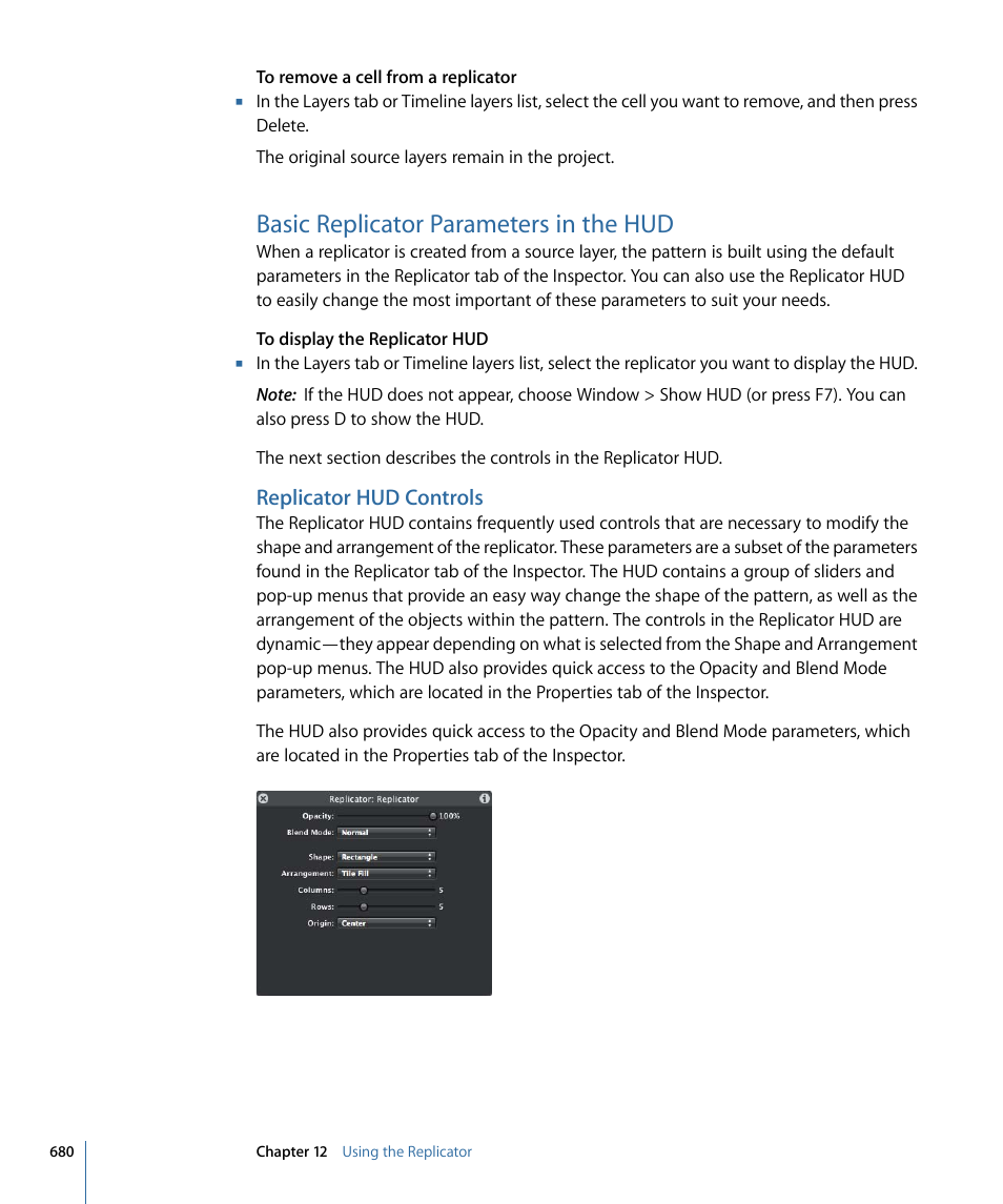 Basic replicator parameters in the hud, Replicator hud controls | Apple Motion 4 User Manual | Page 680 / 1498