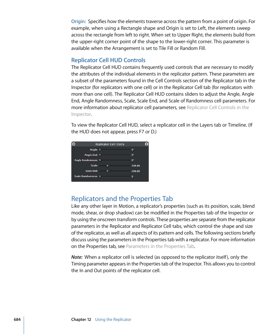 Replicator cell hud controls, Replicators and the properties tab | Apple Motion 4 User Manual | Page 684 / 1498