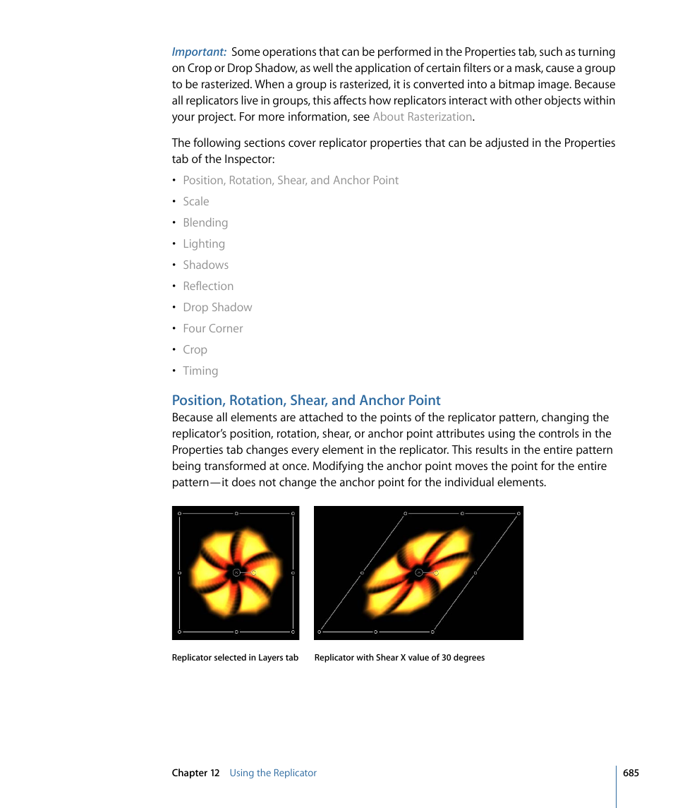 Position, rotation, shear, and anchor point | Apple Motion 4 User Manual | Page 685 / 1498