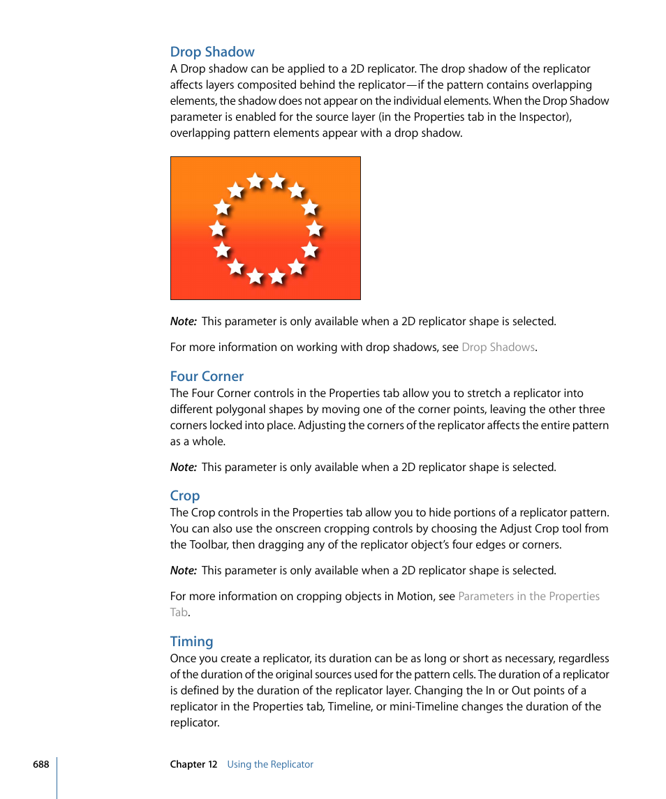 Drop shadow, Four corner, Crop | Timing | Apple Motion 4 User Manual | Page 688 / 1498