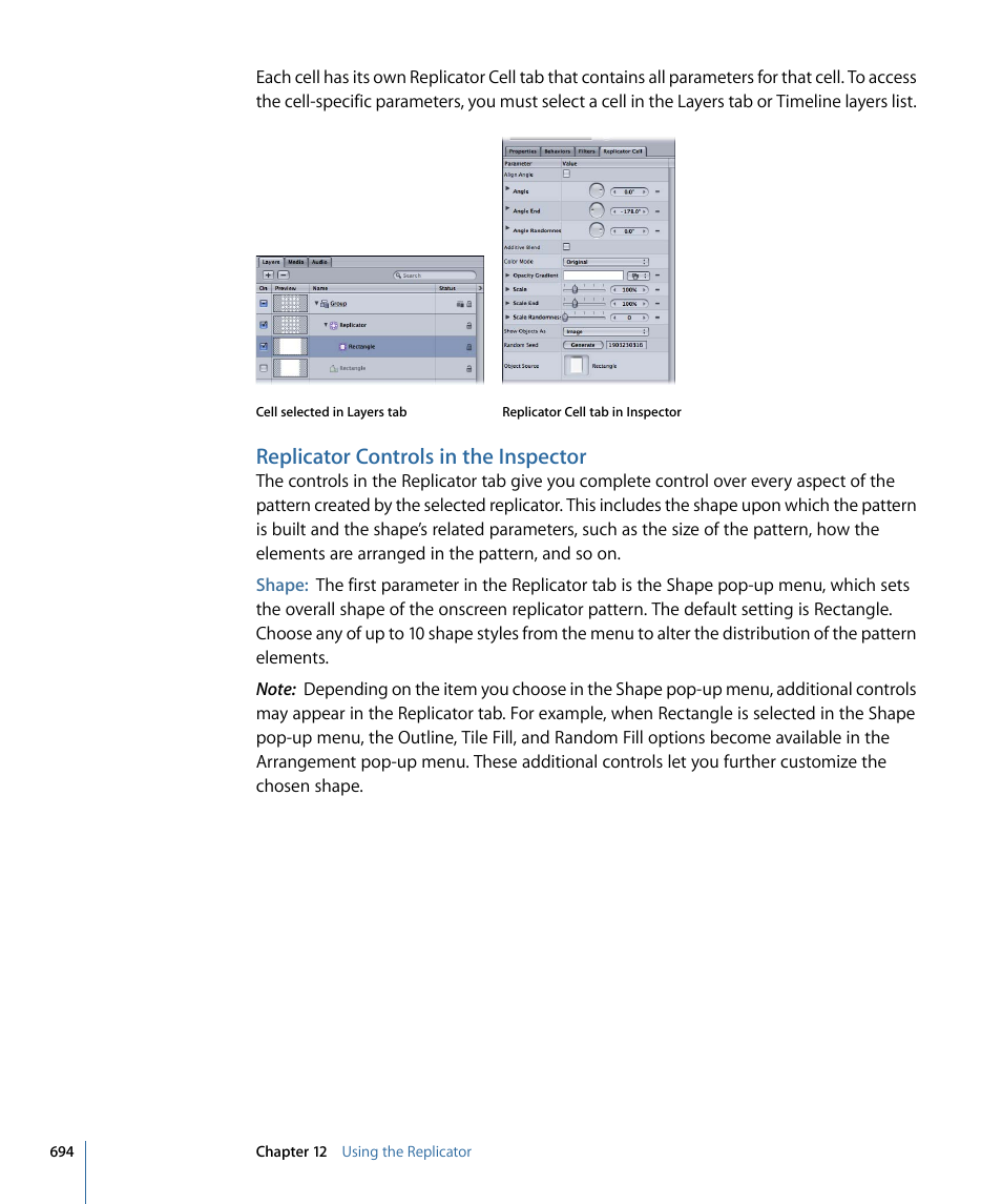 Replicator controls in the inspector | Apple Motion 4 User Manual | Page 694 / 1498