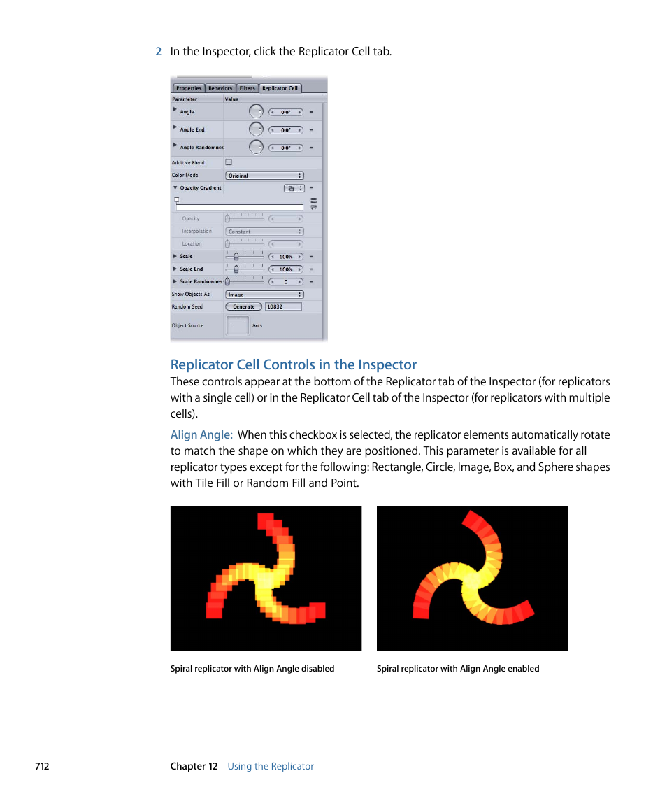 Replicator cell controls in the inspector, Replicator cell controls in the, Inspector | Replicator cell, Controls in the inspector | Apple Motion 4 User Manual | Page 712 / 1498
