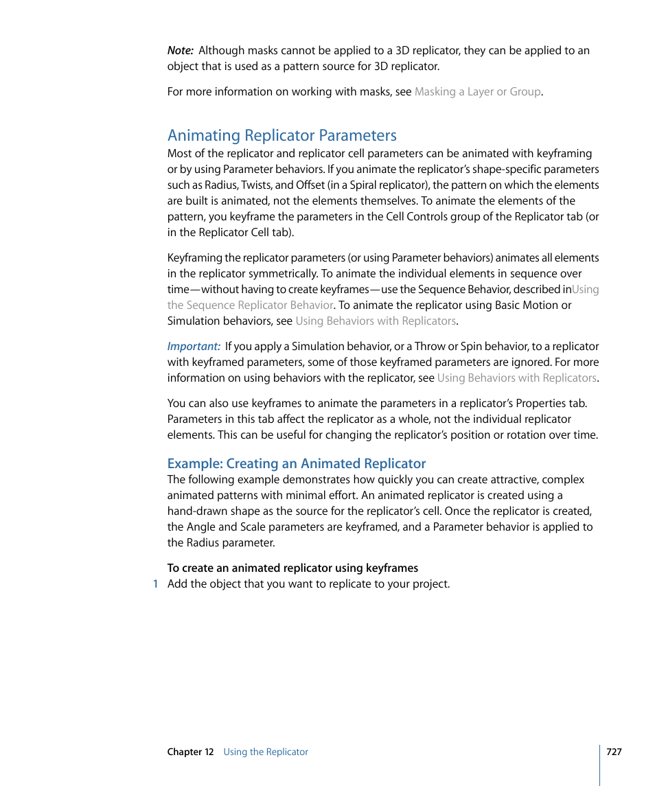 Animating replicator parameters, Example: creating an animated replicator | Apple Motion 4 User Manual | Page 727 / 1498