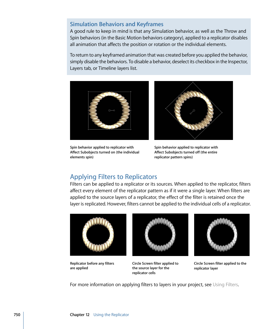 Applying filters to replicators, Simulation behaviors and keyframes | Apple Motion 4 User Manual | Page 750 / 1498