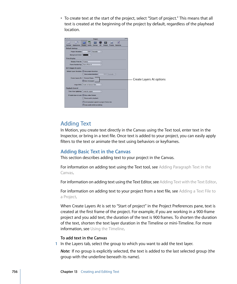 Adding text, Adding basic text in the canvas | Apple Motion 4 User Manual | Page 756 / 1498