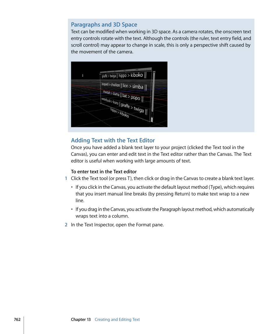 Adding text with the text editor, Adding text with the text, Editor | Paragraphs and 3d space | Apple Motion 4 User Manual | Page 762 / 1498