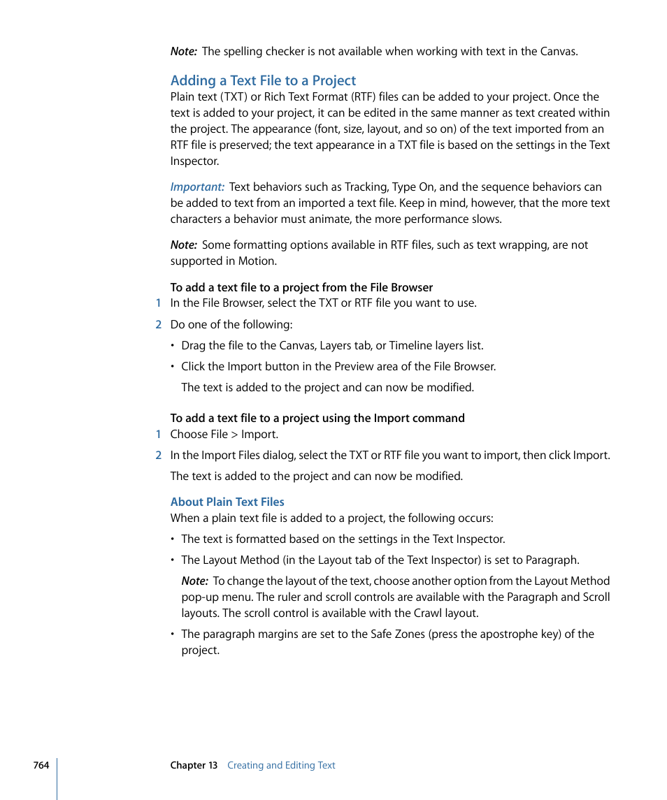 Adding a text file to a project, About plain text files, Adding a text file to | A project | Apple Motion 4 User Manual | Page 764 / 1498
