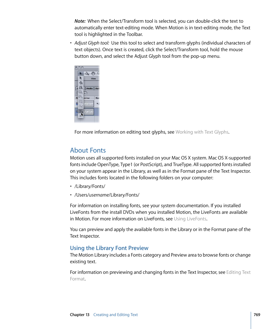 About fonts, Using the library font preview, Using the library font | Preview | Apple Motion 4 User Manual | Page 769 / 1498