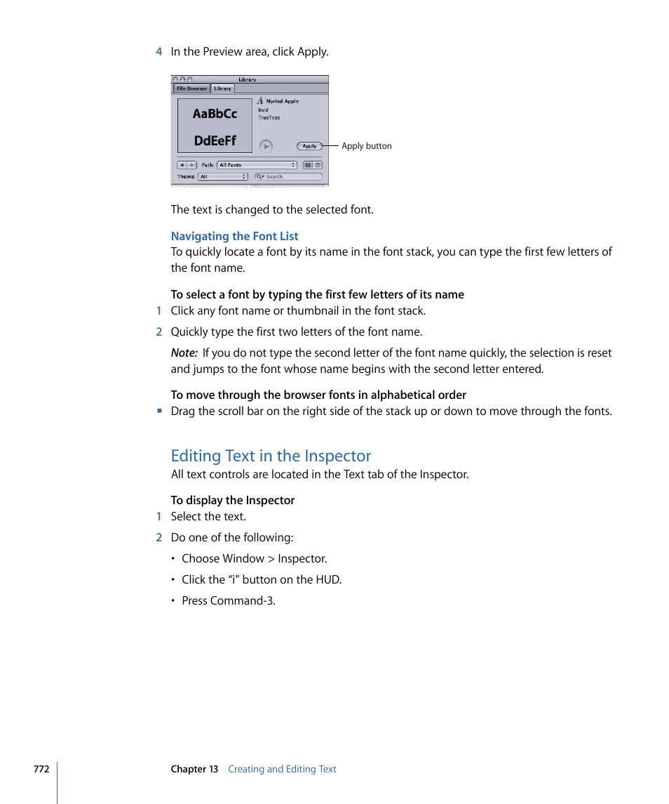 Navigating the font list, Editing text in the inspector | Apple Motion 4 User Manual | Page 772 / 1498