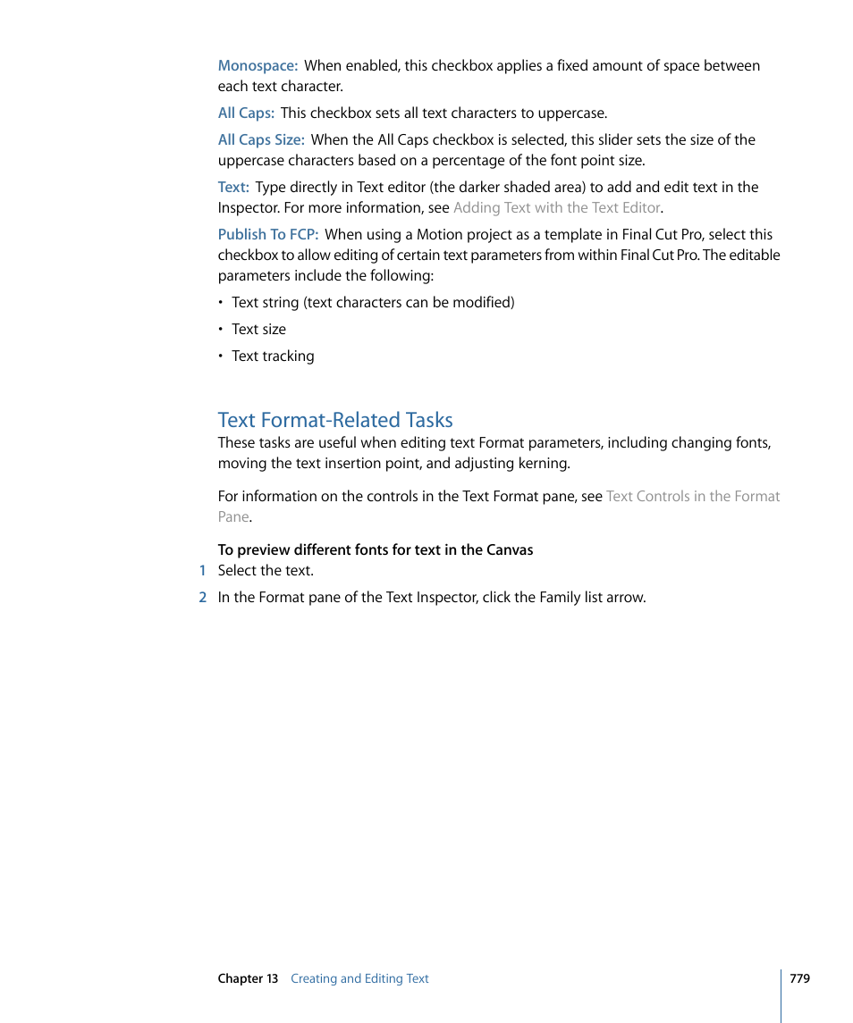 Text format-related tasks, Text, Format-related tasks | Apple Motion 4 User Manual | Page 779 / 1498