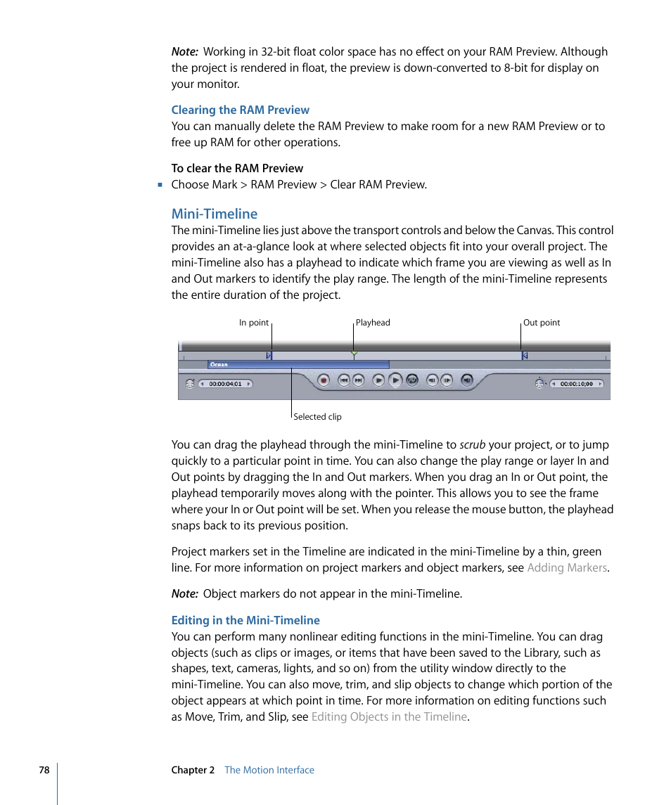 Clearing the ram preview, Mini-timeline, Editing in the mini-timeline | Apple Motion 4 User Manual | Page 78 / 1498