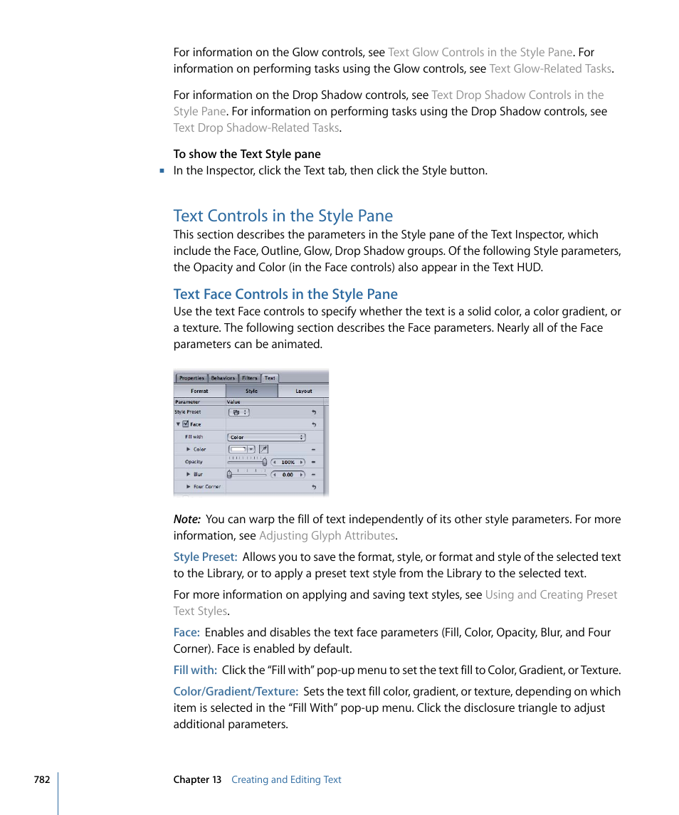 Text controls in the style pane, Text face controls in the style pane | Apple Motion 4 User Manual | Page 782 / 1498