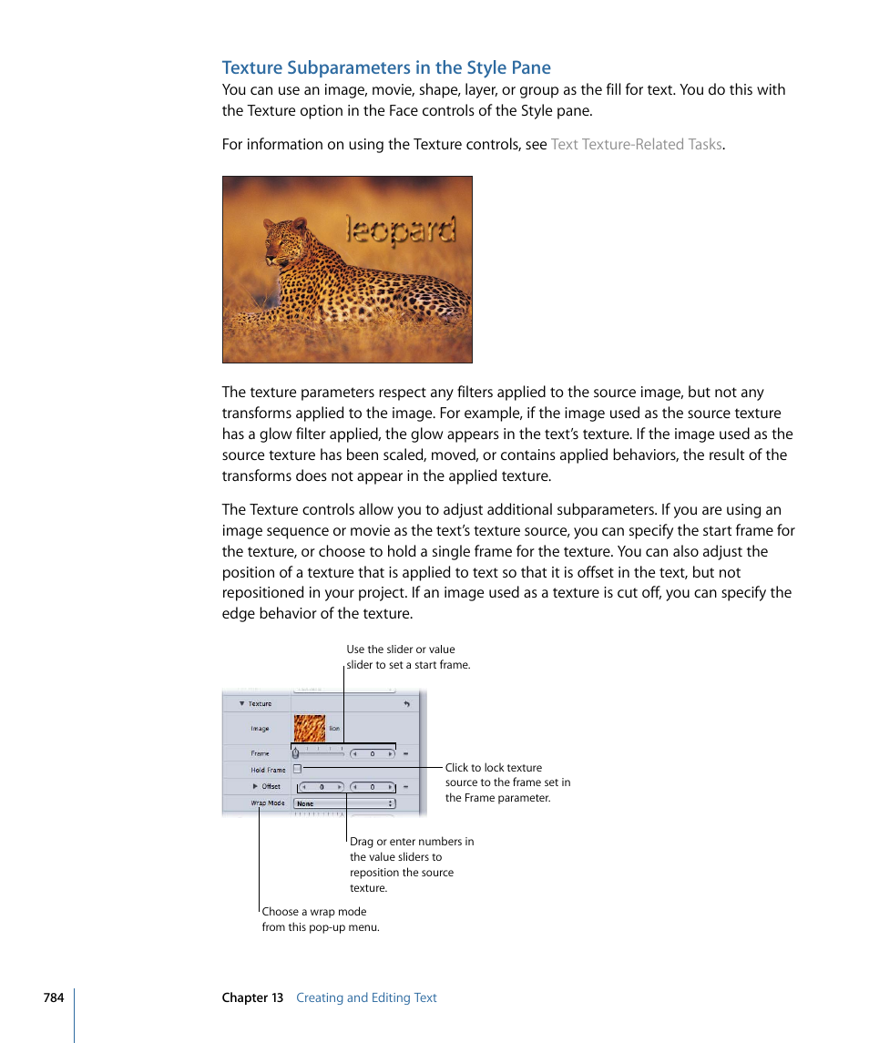 Texture subparameters in the style pane | Apple Motion 4 User Manual | Page 784 / 1498