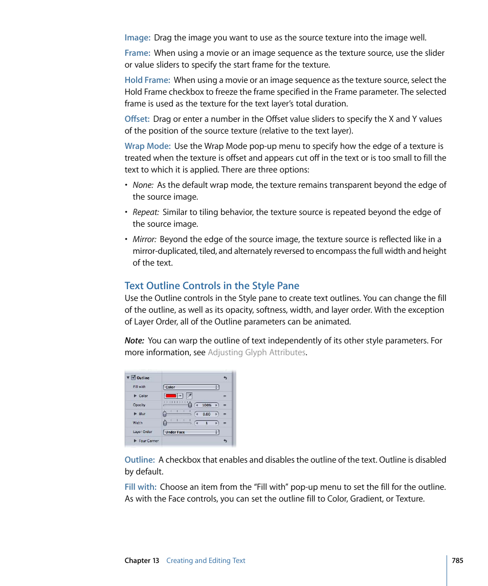 Text outline controls in the style pane | Apple Motion 4 User Manual | Page 785 / 1498