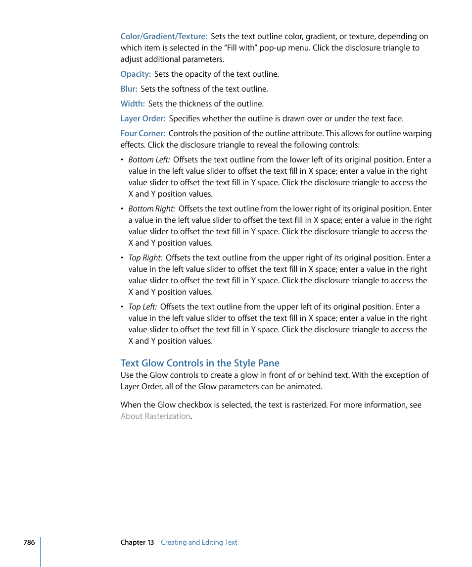 Text glow controls in the style pane | Apple Motion 4 User Manual | Page 786 / 1498