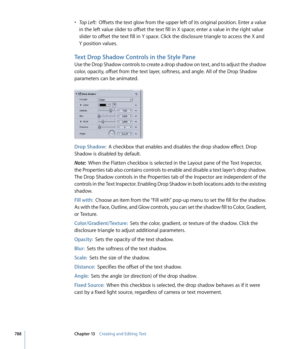 Text drop shadow controls in the style pane, Text drop shadow controls in the, Style pane | Apple Motion 4 User Manual | Page 788 / 1498