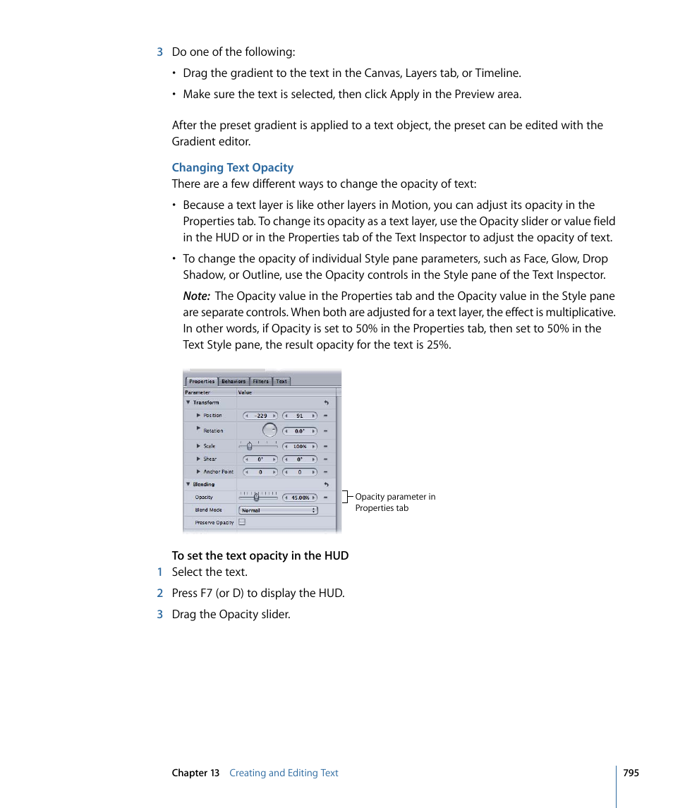 Changing text opacity | Apple Motion 4 User Manual | Page 795 / 1498