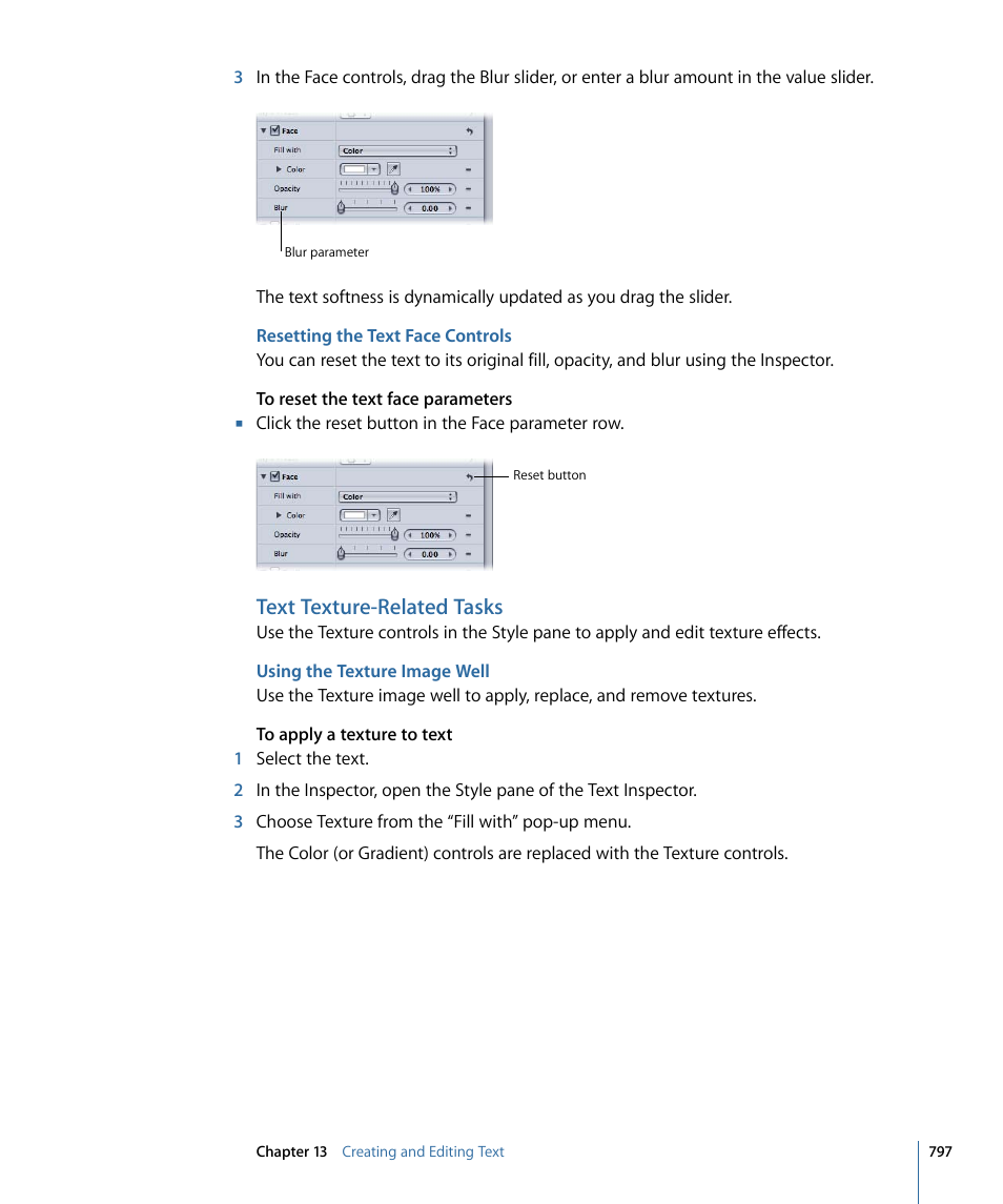 Resetting the text face controls, Text texture-related tasks, Using the texture image well | Apple Motion 4 User Manual | Page 797 / 1498