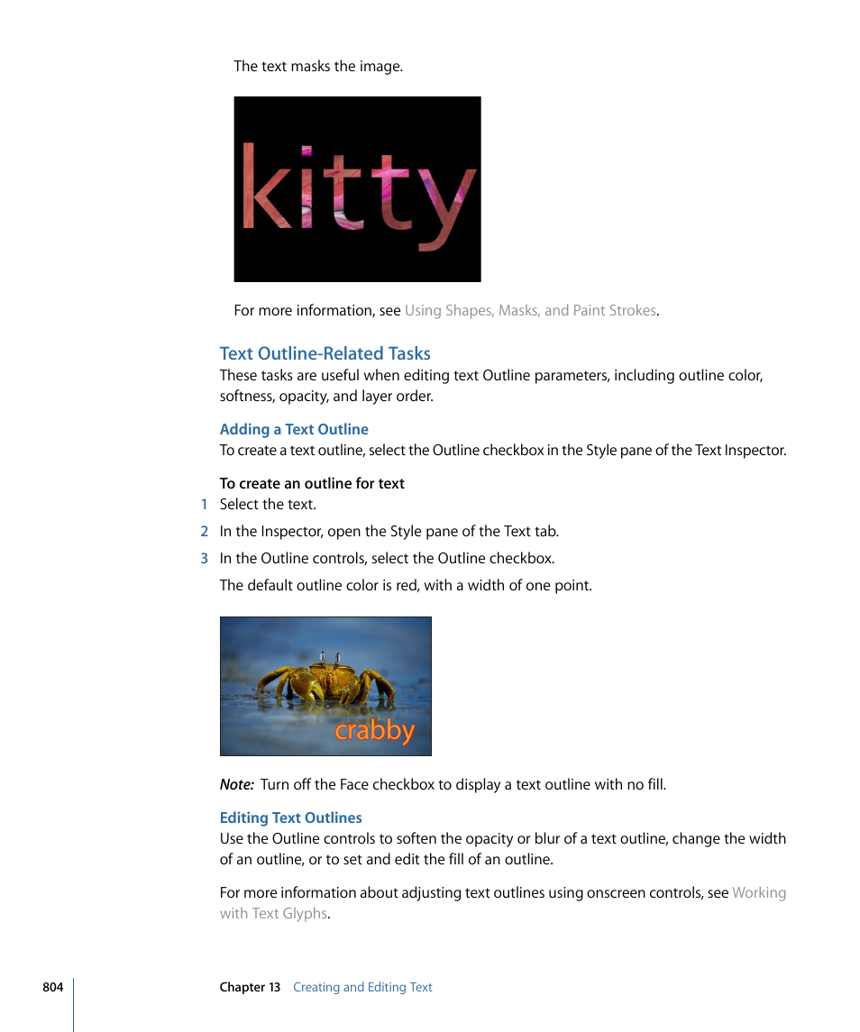 Text outline-related tasks, Adding a text outline, Editing text outlines | Text outline-related, Tasks | Apple Motion 4 User Manual | Page 804 / 1498