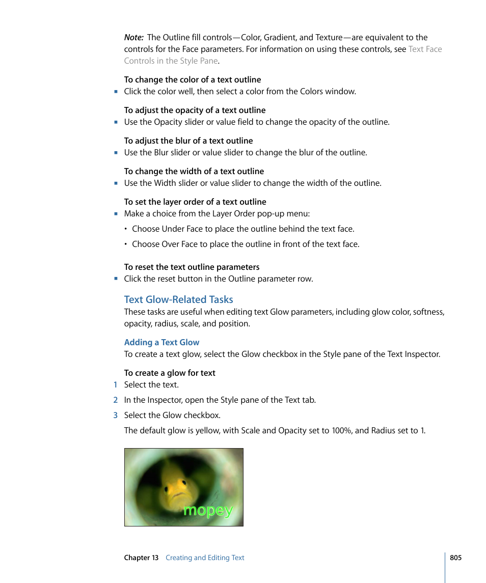 Text glow-related tasks, Adding a text glow | Apple Motion 4 User Manual | Page 805 / 1498