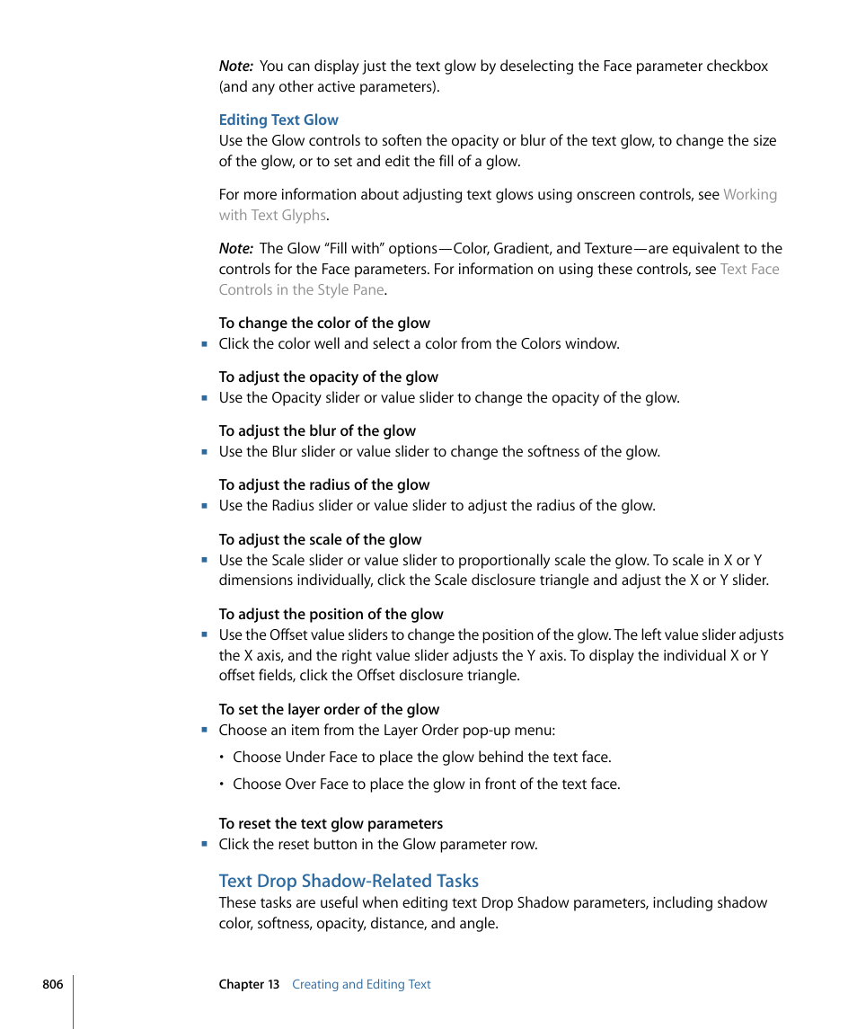 Editing text glow, Text drop shadow-related tasks | Apple Motion 4 User Manual | Page 806 / 1498