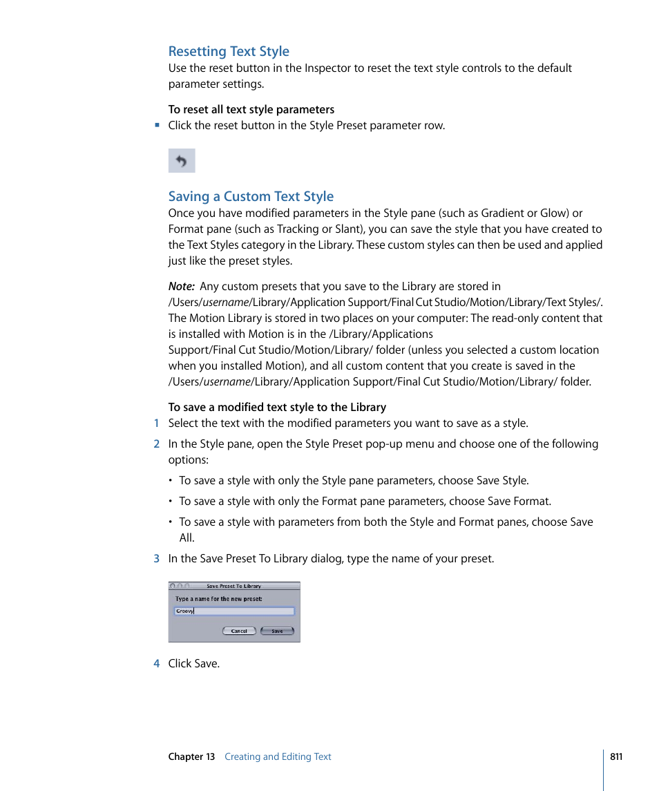 Resetting text style, Saving a custom text style | Apple Motion 4 User Manual | Page 811 / 1498