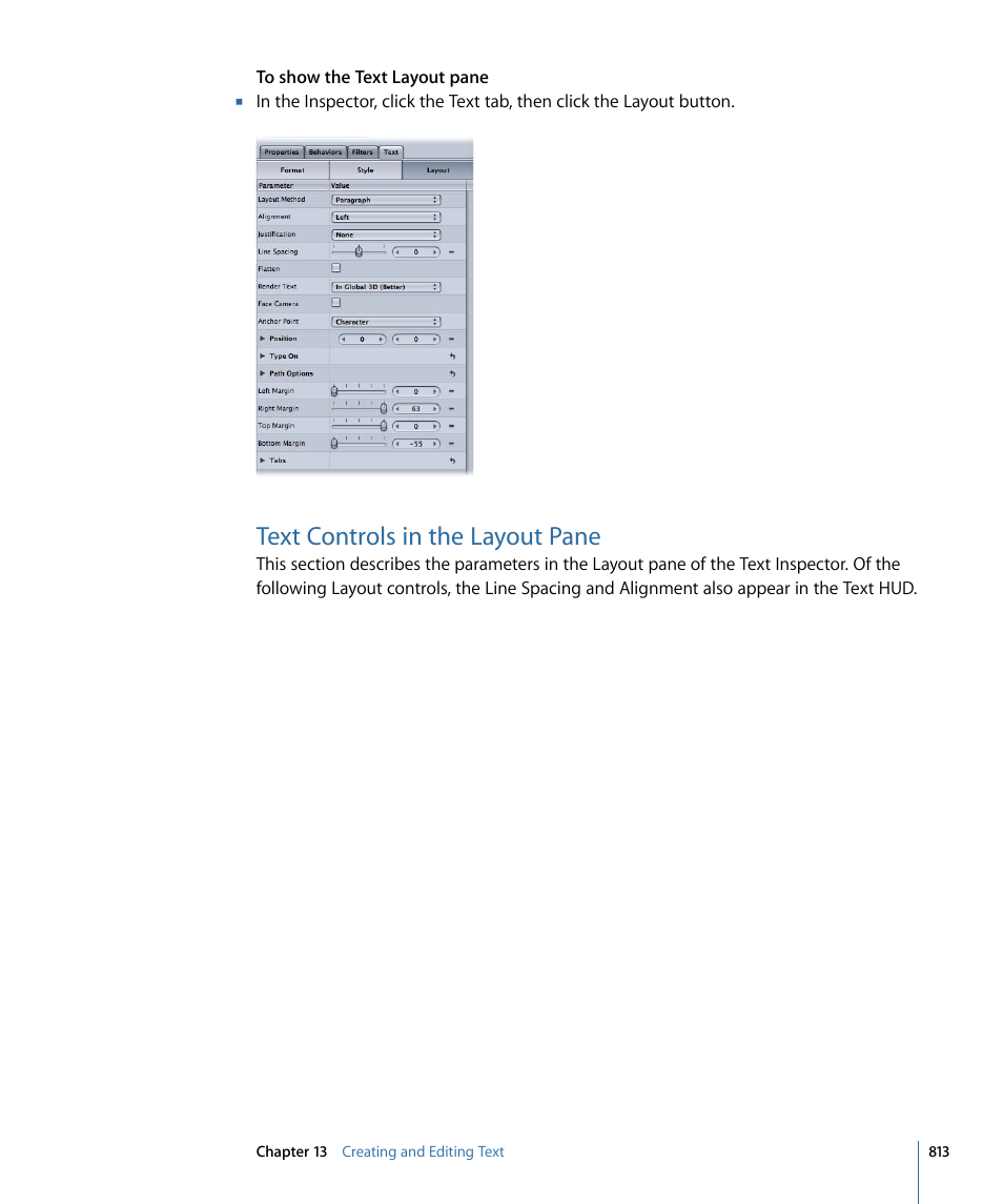 Text controls in the layout pane, Text controls in the layout, Pane | Apple Motion 4 User Manual | Page 813 / 1498