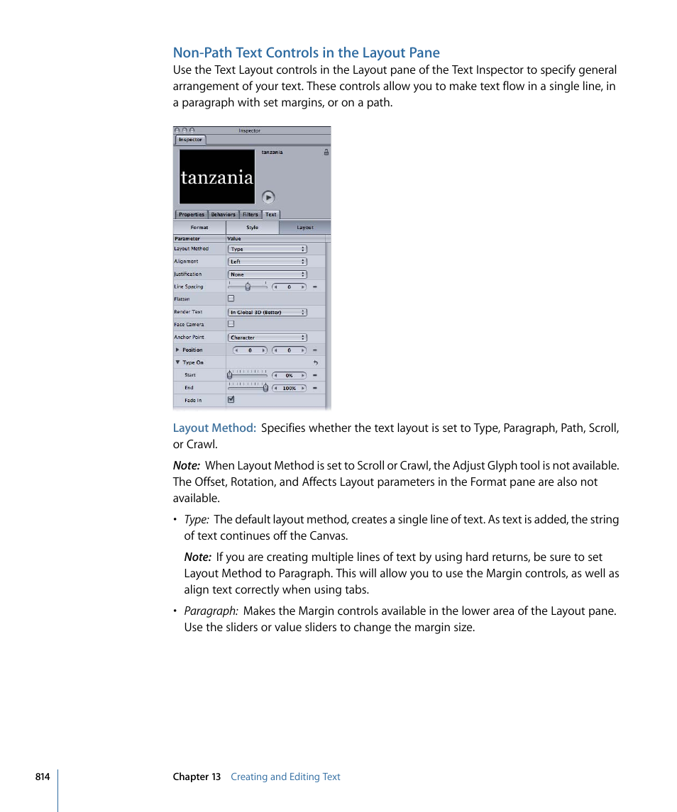 Non-path text controls in the layout pane, Non-path text, Controls in the layout pane | Apple Motion 4 User Manual | Page 814 / 1498