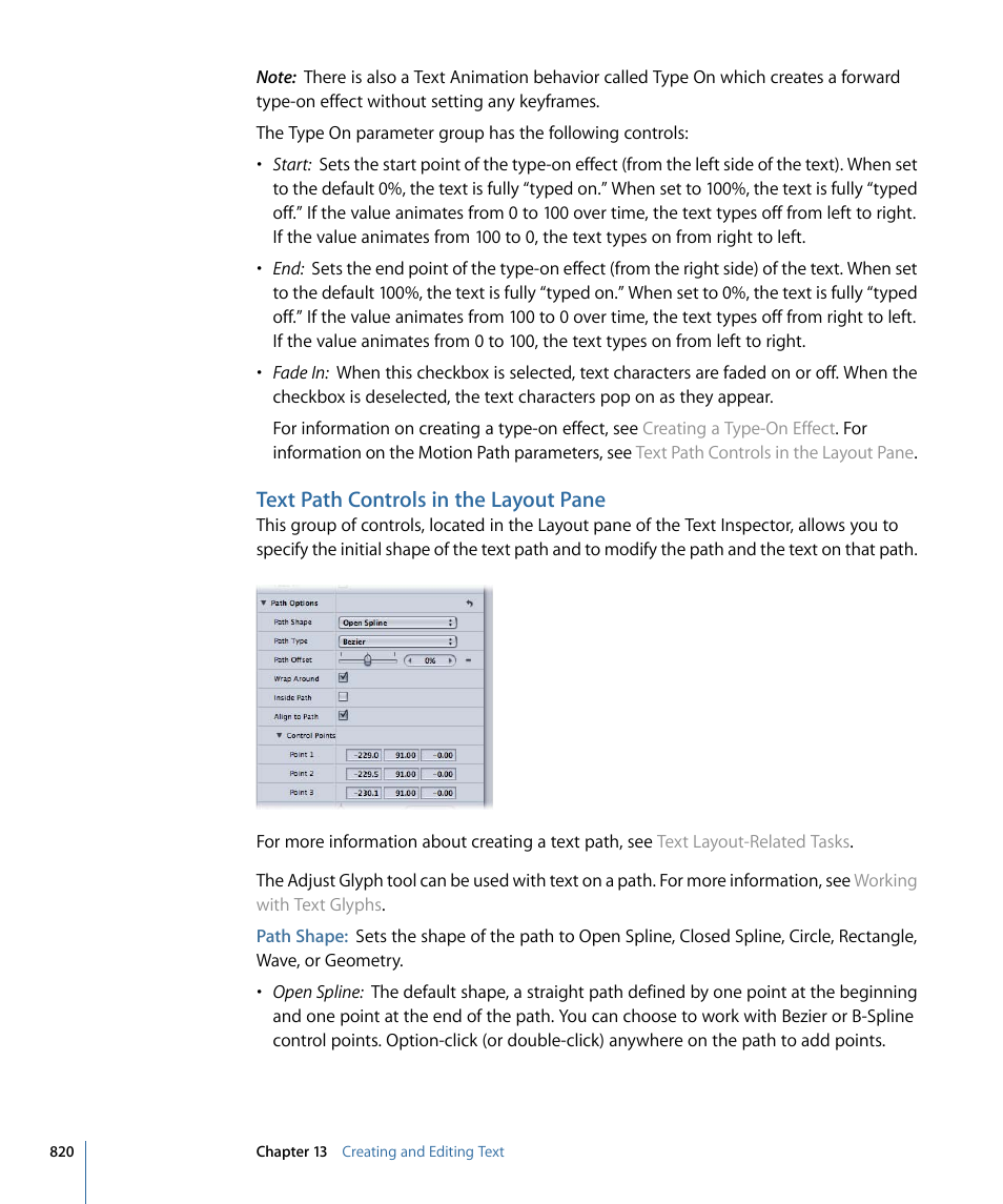 Text path controls in the layout pane | Apple Motion 4 User Manual | Page 820 / 1498