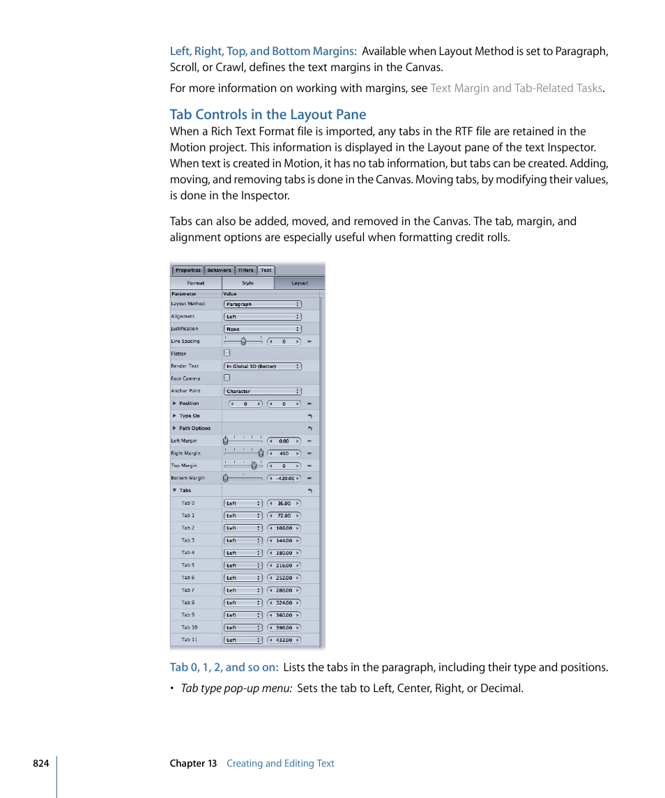 Tab controls in the layout pane | Apple Motion 4 User Manual | Page 824 / 1498