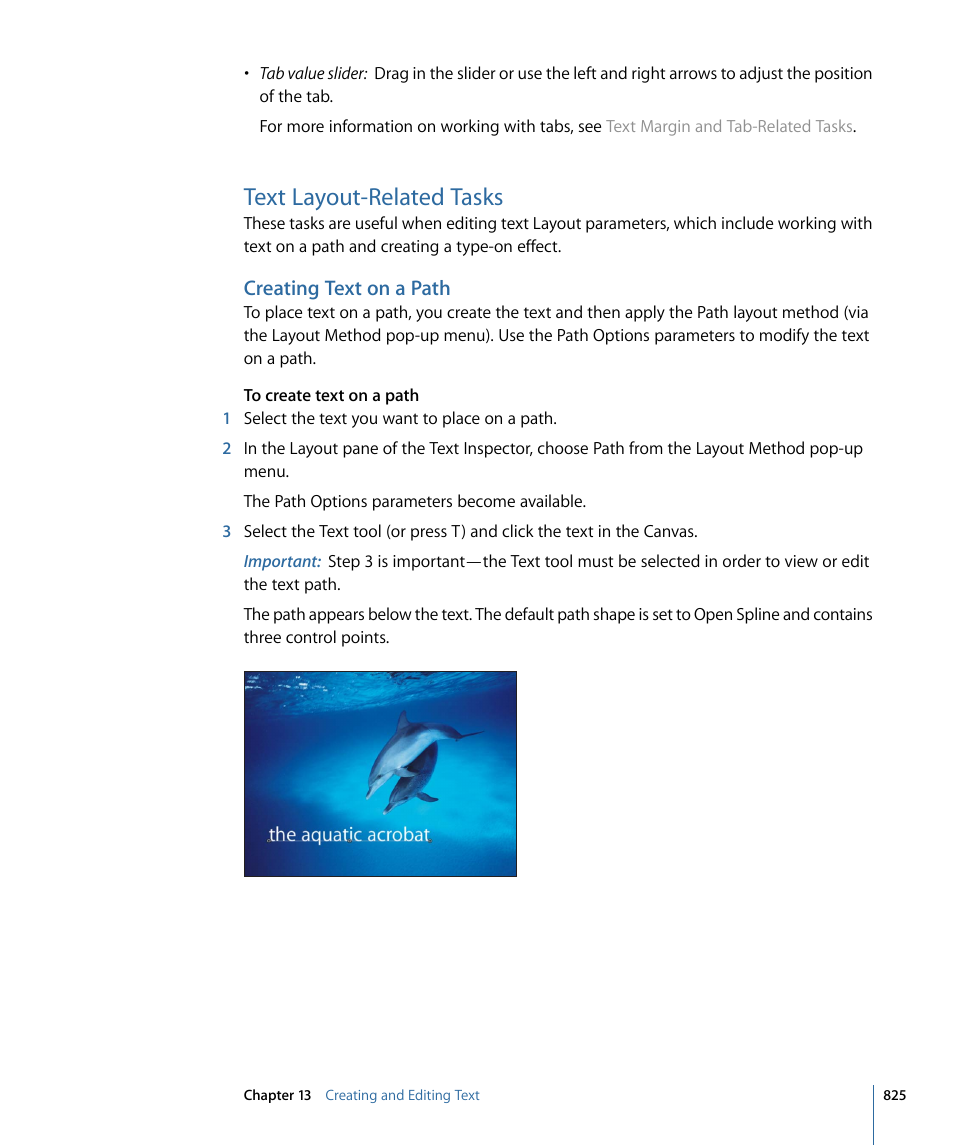 Text layout-related tasks, Creating text on a path, Text | Layout-related tasks | Apple Motion 4 User Manual | Page 825 / 1498