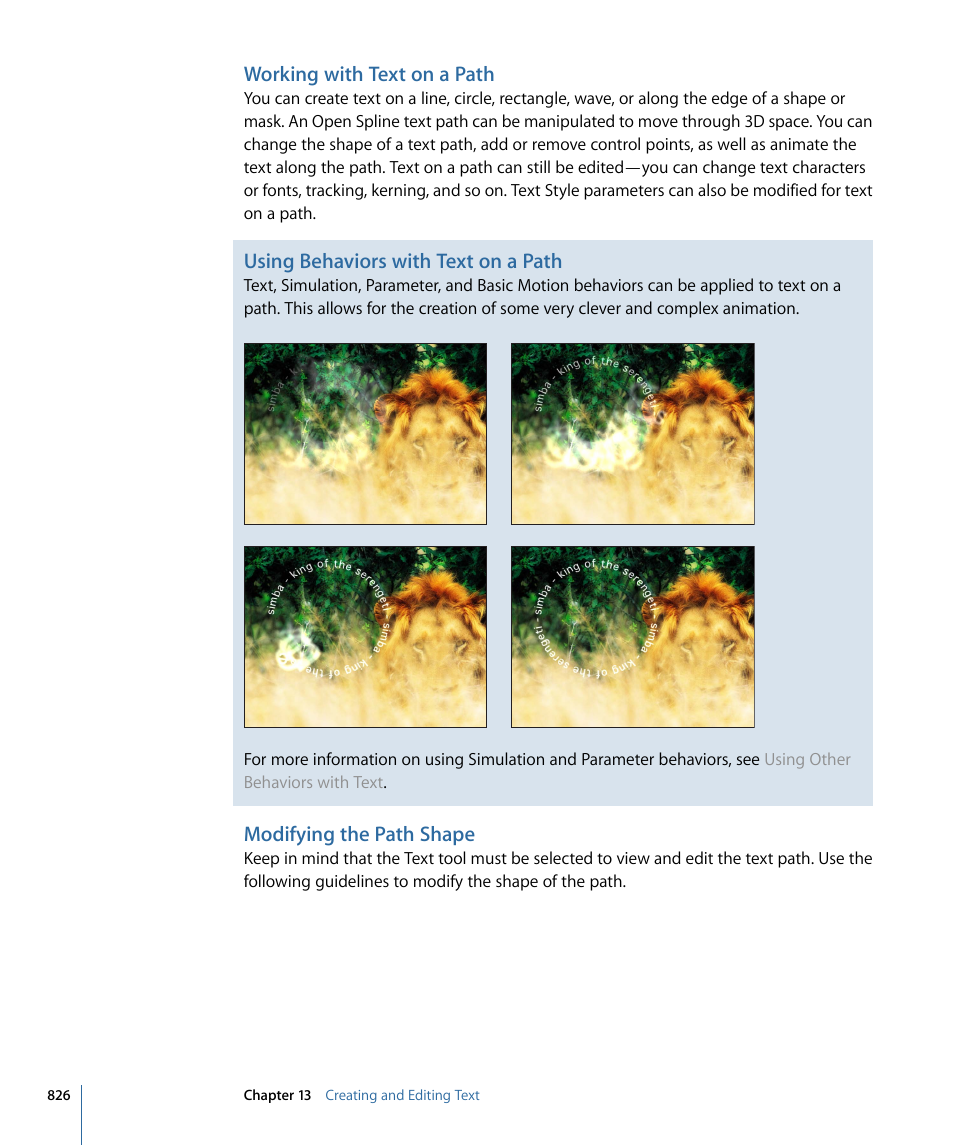 Working with text on a path, Modifying the path shape, Using behaviors with text on a path | Apple Motion 4 User Manual | Page 826 / 1498