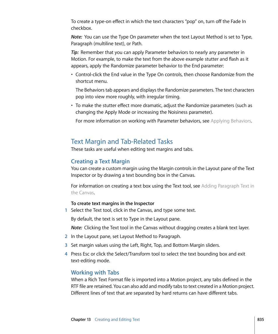 Text margin and tab-related tasks, Creating a text margin, Working with tabs | Apple Motion 4 User Manual | Page 835 / 1498