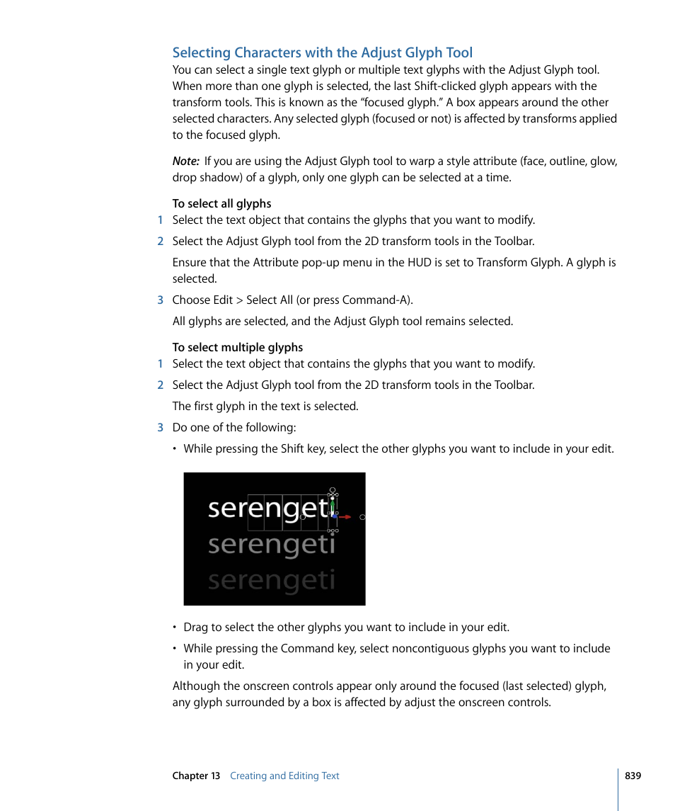 Selecting characters with the adjust glyph tool | Apple Motion 4 User Manual | Page 839 / 1498