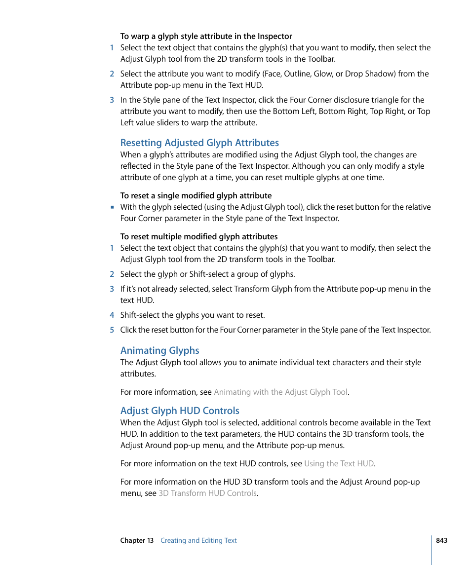 Resetting adjusted glyph attributes, Animating glyphs, Adjust glyph hud controls | Apple Motion 4 User Manual | Page 843 / 1498