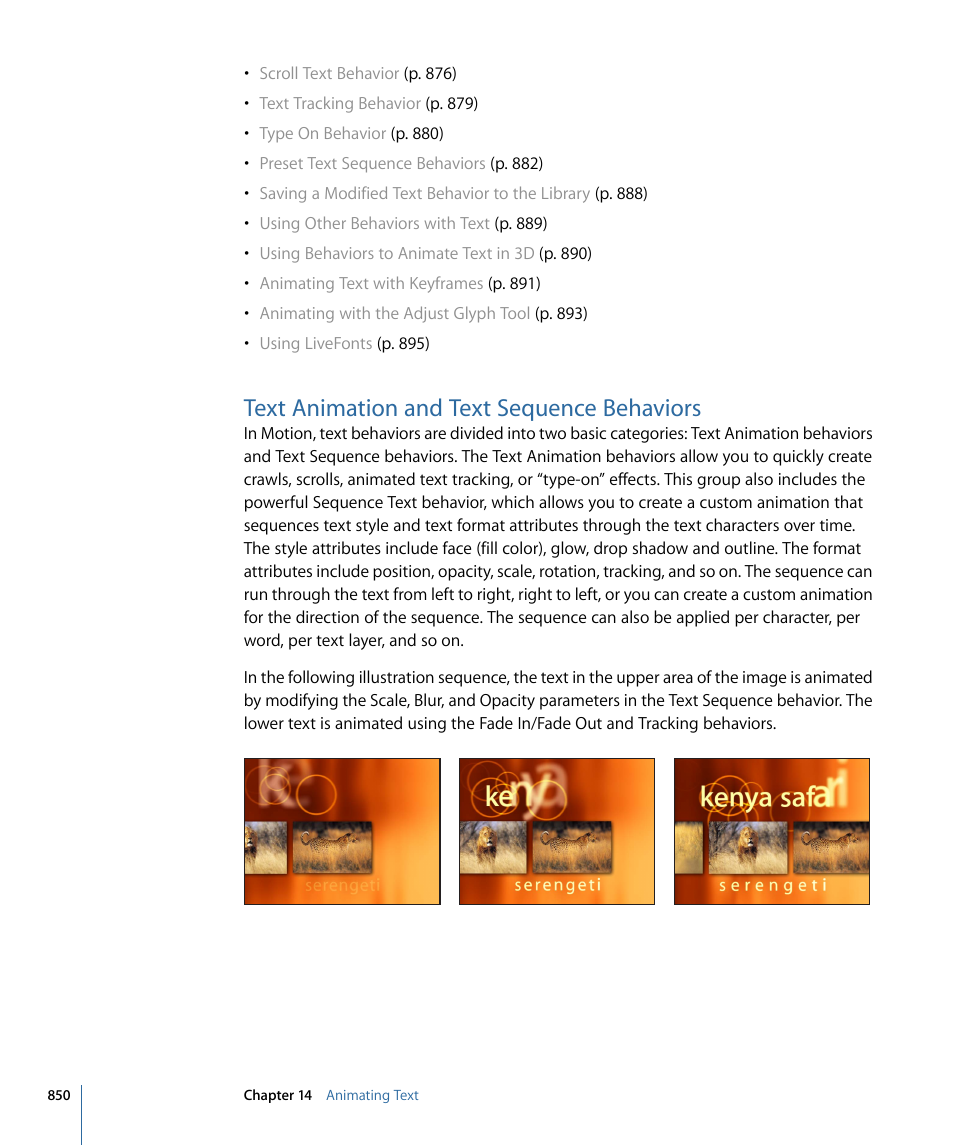 Text animation and text sequence behaviors, Text animation, And text sequence behaviors | Text animation and text sequence, Behaviors, Text animation and text, Sequence behaviors | Apple Motion 4 User Manual | Page 850 / 1498