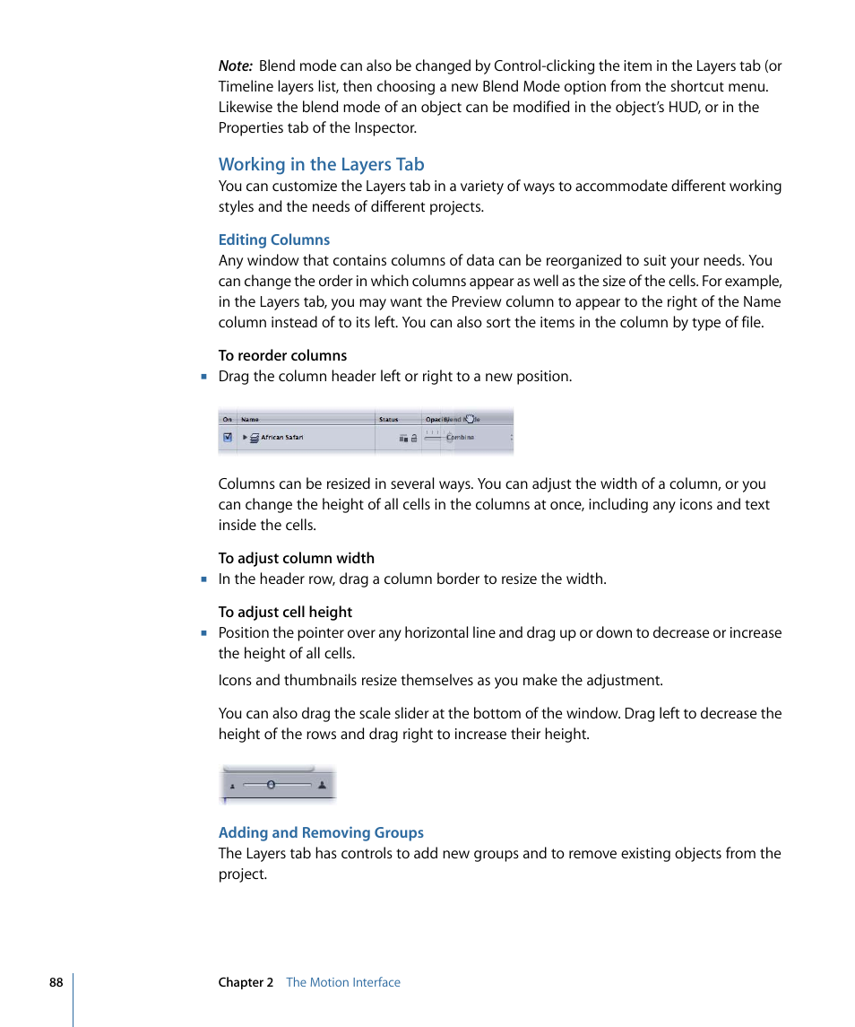 Working in the layers tab, Editing columns, Adding and removing groups | Apple Motion 4 User Manual | Page 88 / 1498