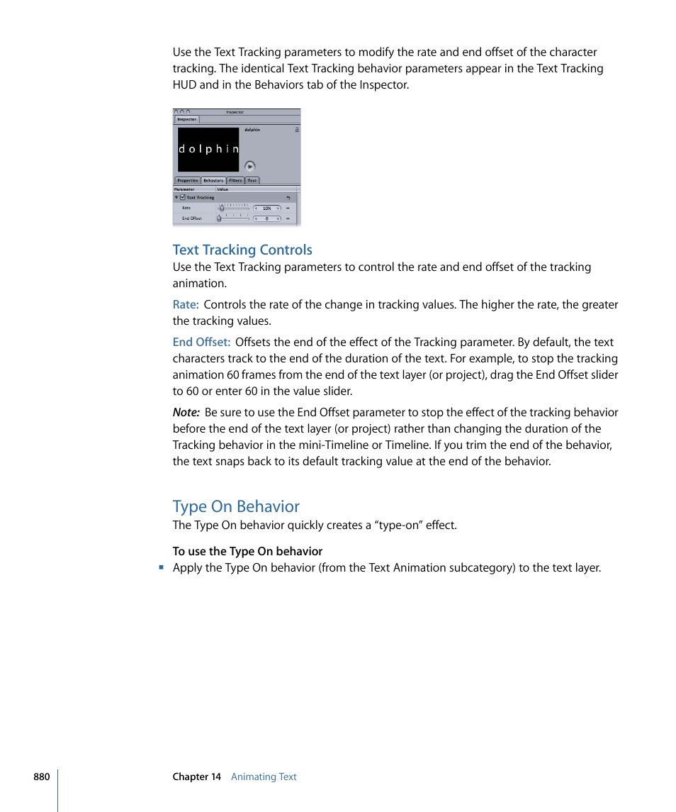 Text tracking controls, Type on behavior | Apple Motion 4 User Manual | Page 880 / 1498