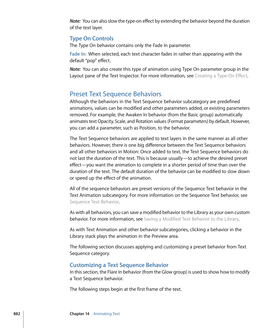Type on controls, Preset text sequence behaviors, Customizing a text sequence behavior | Apple Motion 4 User Manual | Page 882 / 1498