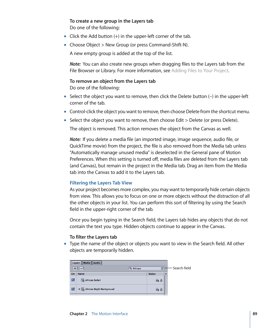 Filtering the layers tab view | Apple Motion 4 User Manual | Page 89 / 1498