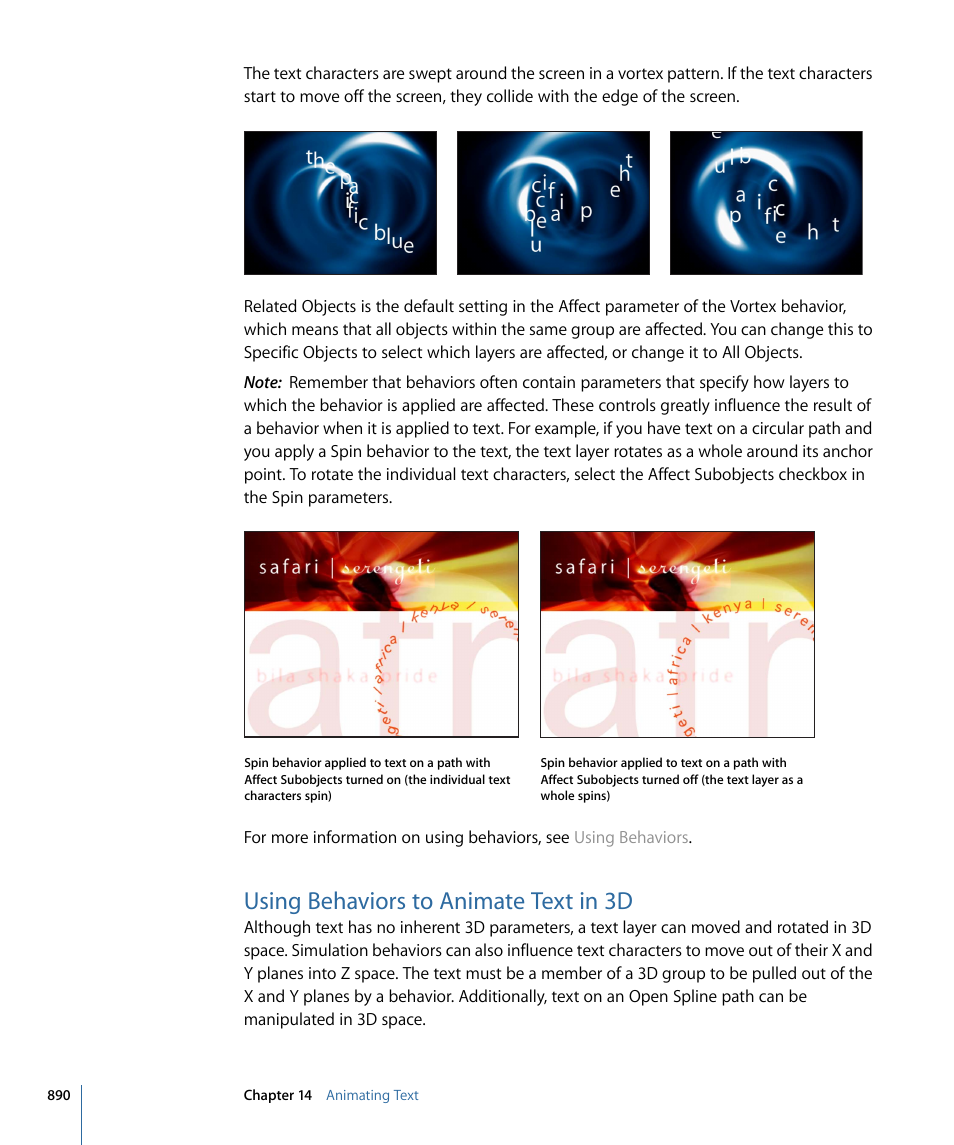 Using behaviors to animate text in 3d | Apple Motion 4 User Manual | Page 890 / 1498