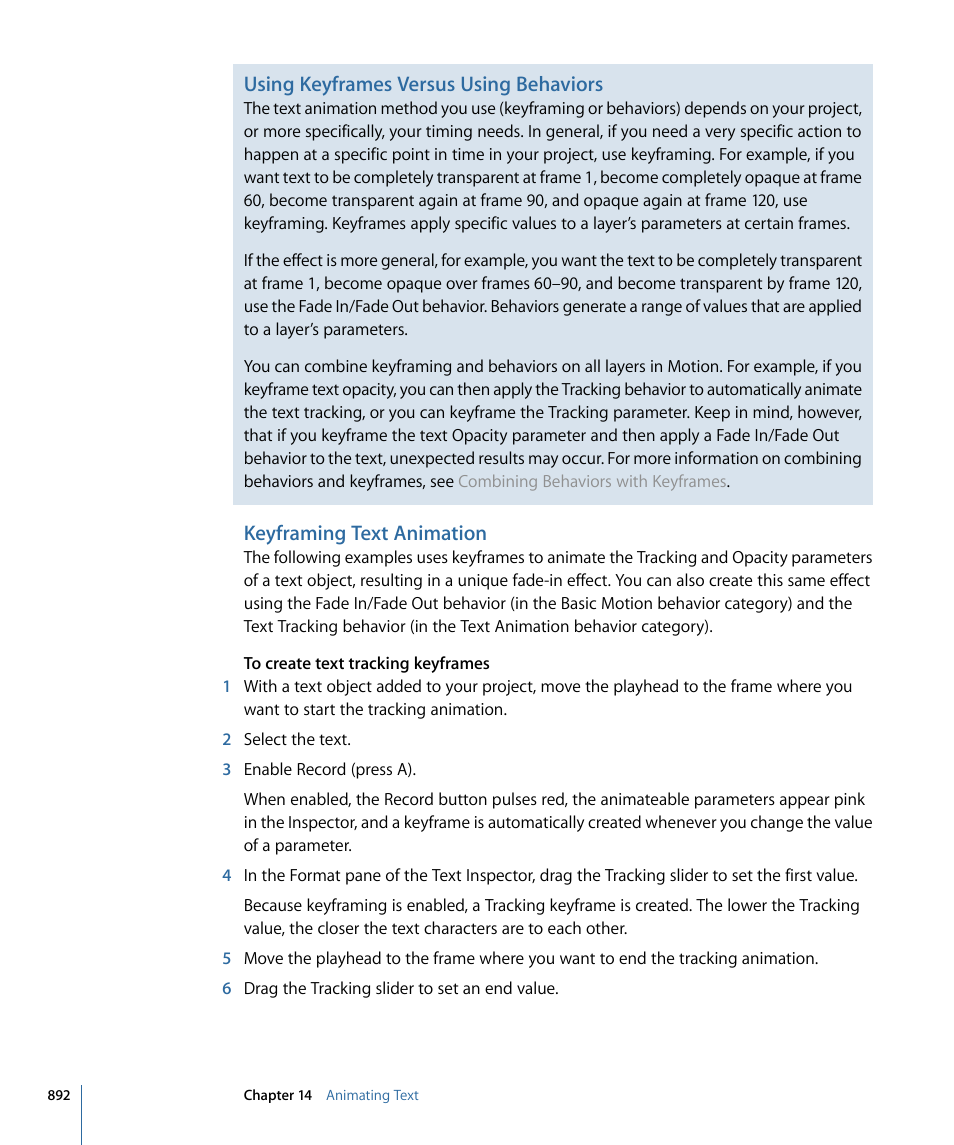 Keyframing text animation, Using keyframes versus using behaviors | Apple Motion 4 User Manual | Page 892 / 1498