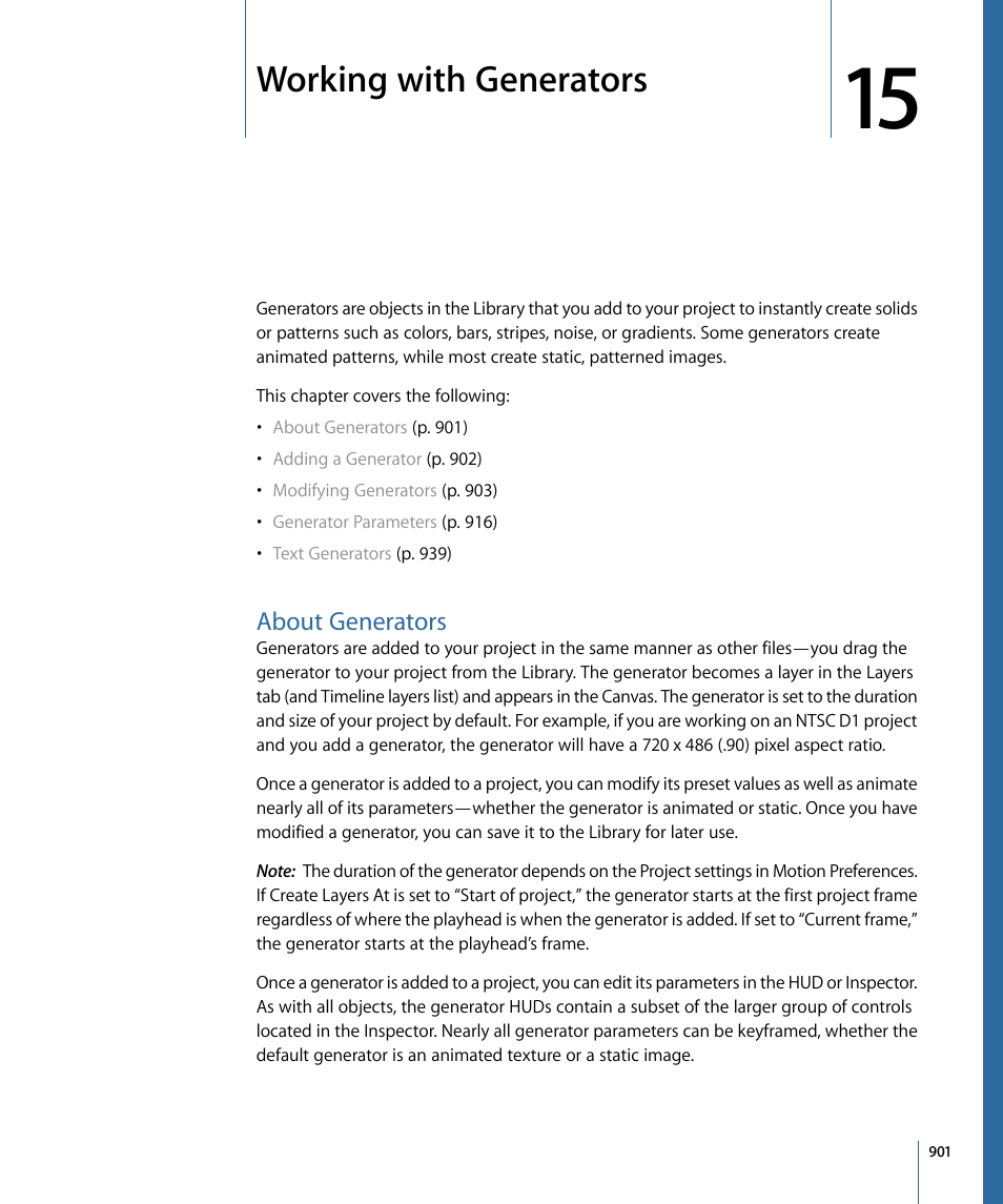 Working with generators, About generators, Working with | Generators | Apple Motion 4 User Manual | Page 901 / 1498