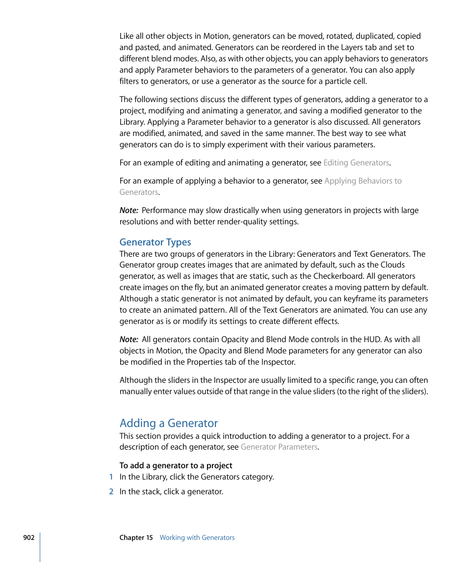 Generator types, Adding a generator | Apple Motion 4 User Manual | Page 902 / 1498