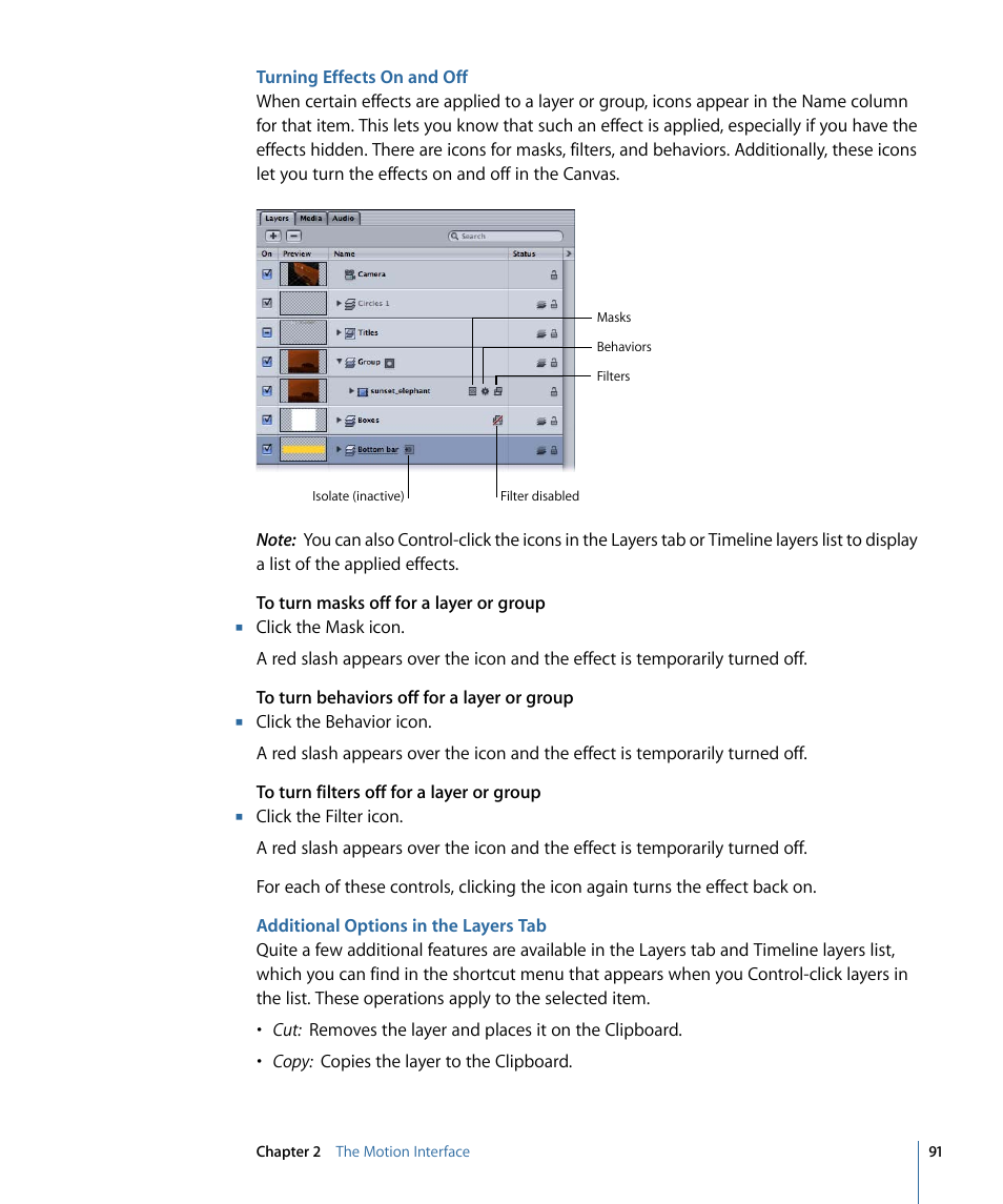 Turning effects on and off, Additional options in the layers tab | Apple Motion 4 User Manual | Page 91 / 1498