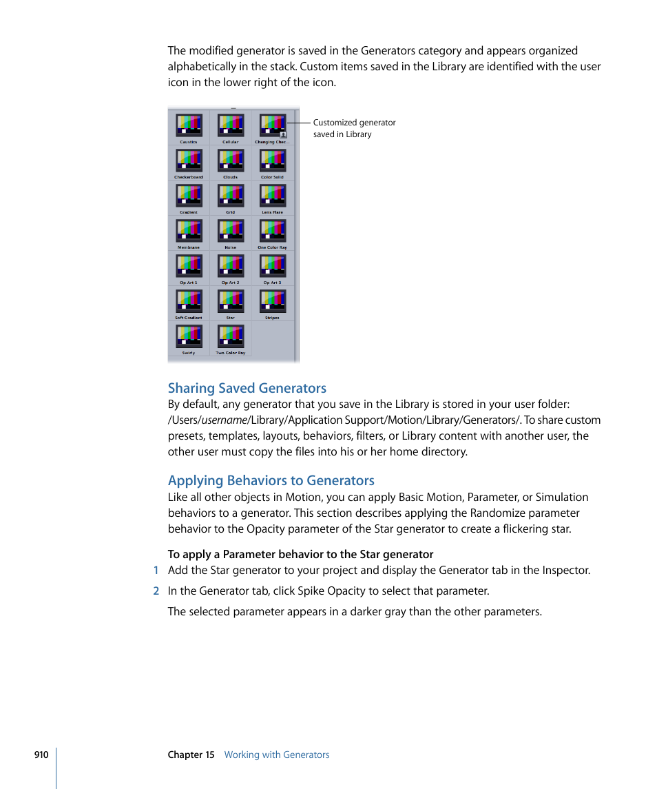 Sharing saved generators, Applying behaviors to generators, Applying behaviors to | Generators | Apple Motion 4 User Manual | Page 910 / 1498