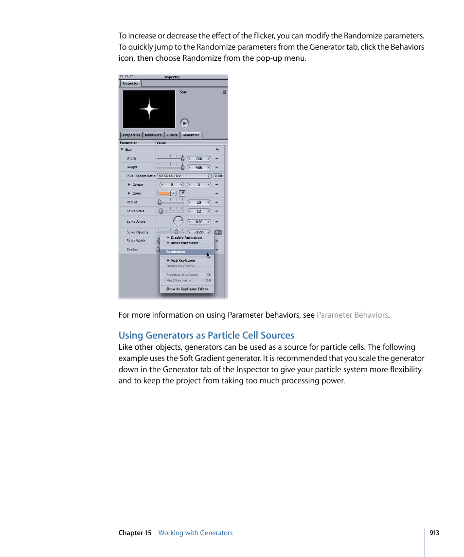 Using generators as particle cell sources | Apple Motion 4 User Manual | Page 913 / 1498