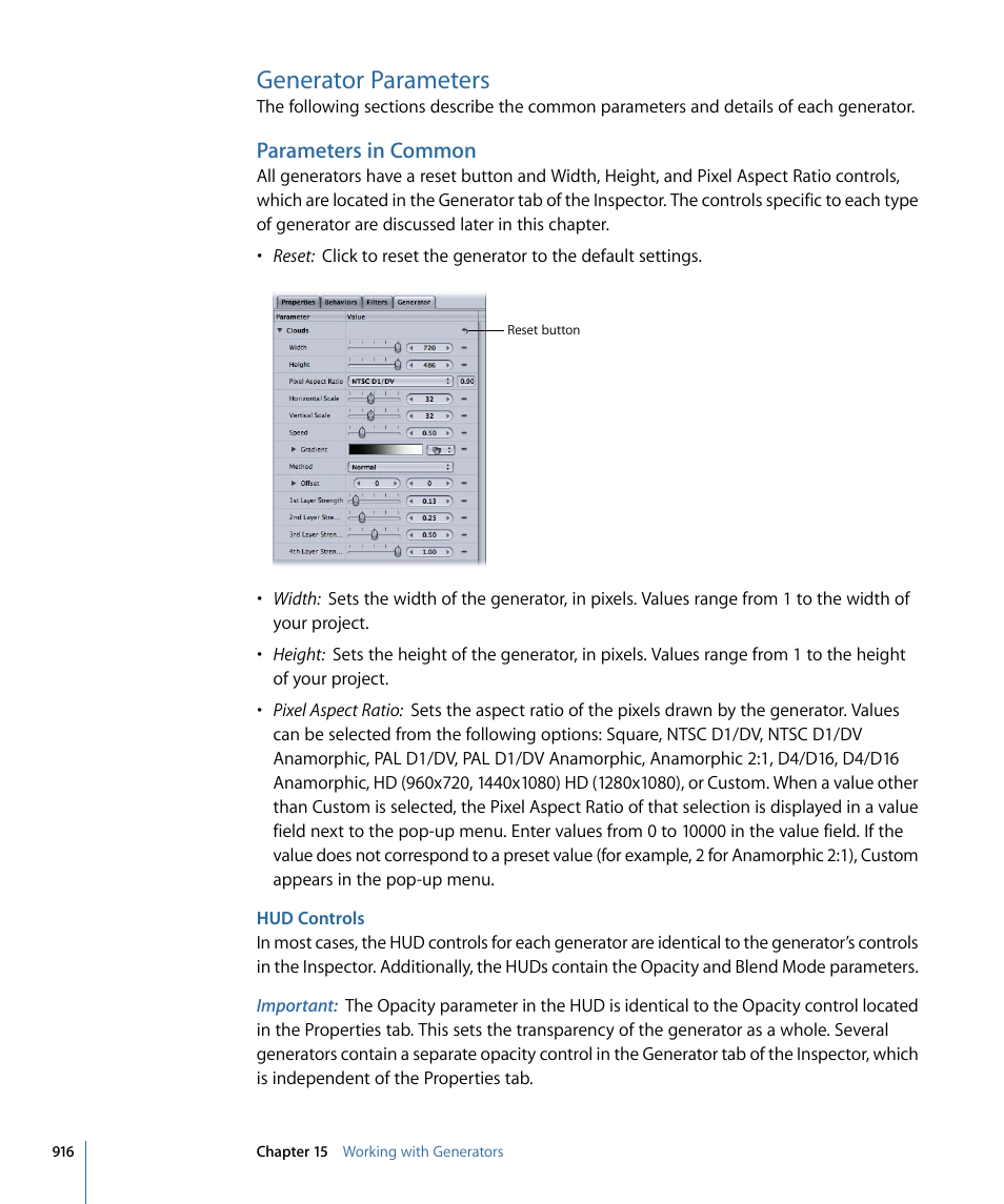 Generator parameters, Parameters in common, Hud controls | Apple Motion 4 User Manual | Page 916 / 1498