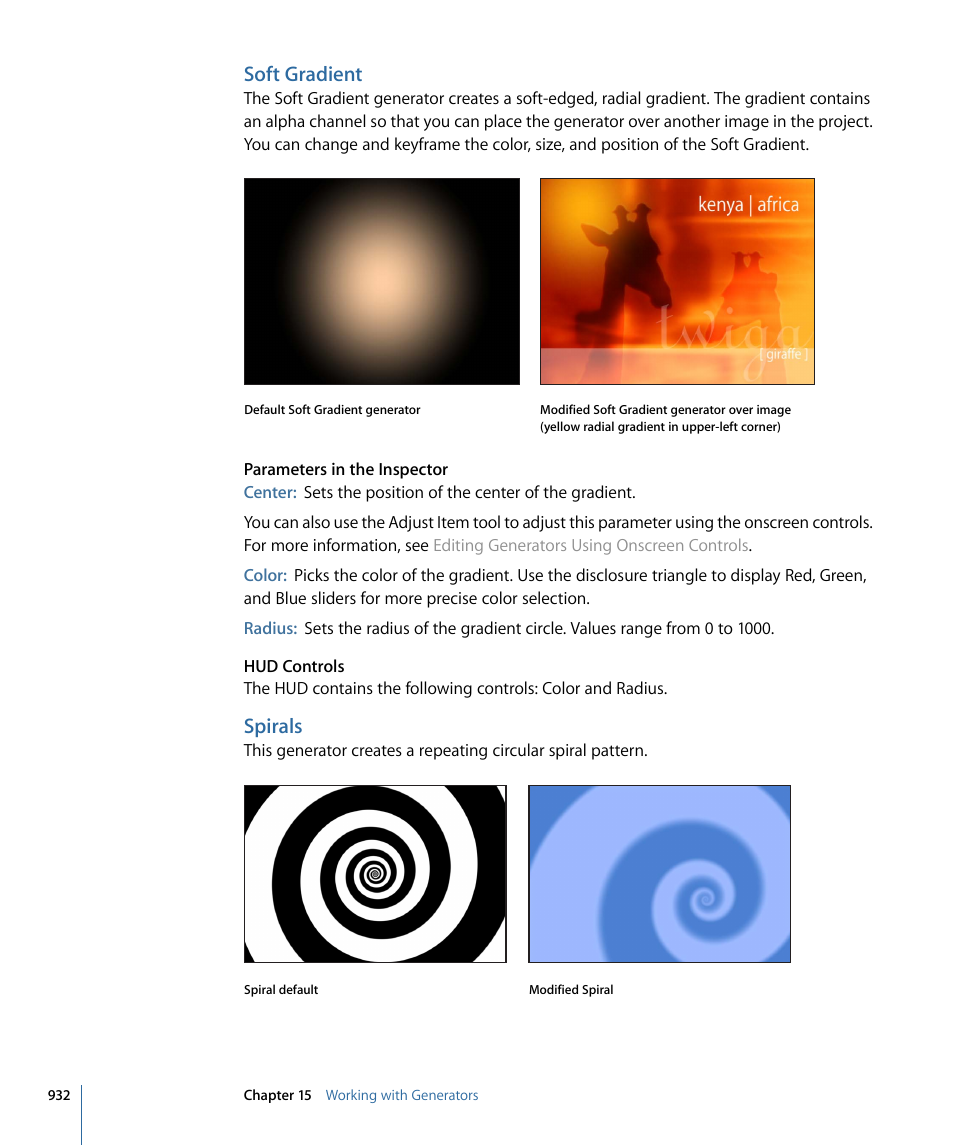 Soft gradient, Spirals | Apple Motion 4 User Manual | Page 932 / 1498