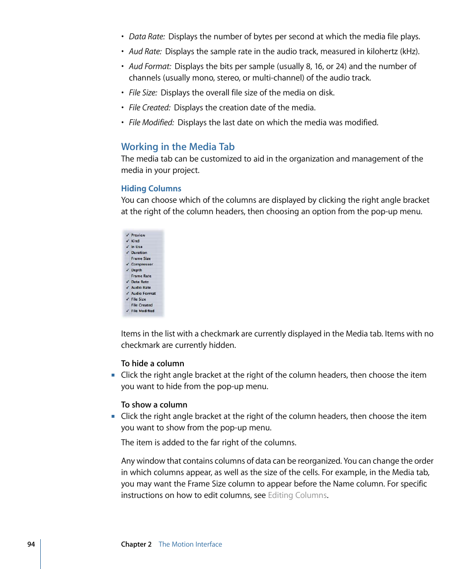 Working in the media tab, Hiding columns | Apple Motion 4 User Manual | Page 94 / 1498